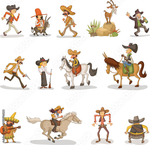 Cartoon illustrations of characters and elements from the Wild West. The characters include classic cowboys.