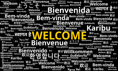 Multilingual Welcome Word Cloud in Various Languages. Creative Black Backdrop Worldwide Hospitality Word Cloud Graphic Asset. 