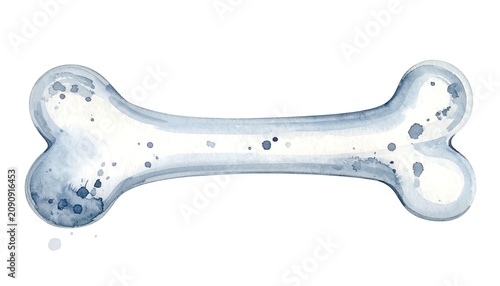 A watercolor illustration of a classic dog bone. The bone is white with blue-grey washes and splatter effects