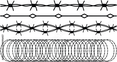 Bild auf Leinwand Barbed wire border collection, razor fence security barrier vector illustration