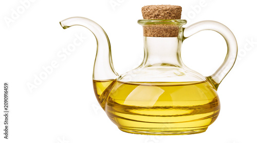 Tableau sur toile Glass cruet with cork stopper filled with golden olive oil, isolated on transpar