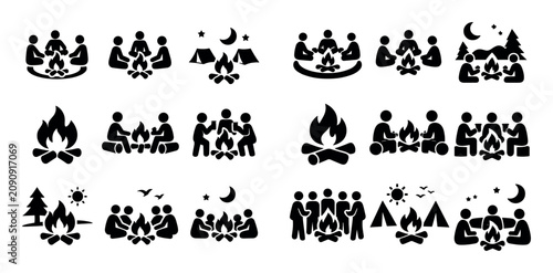 Outdoor social gathering design icons with campfire circle seated group and warm flames for dashboard design in solid black filled style