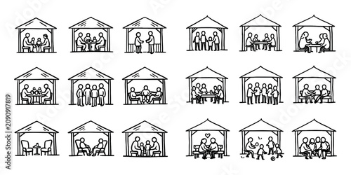 Family and social gathering icon set with shared table casual talk and outdoor meal for presentation in hand-drawn style