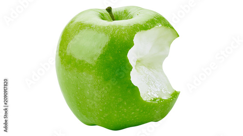 Fotografie Shiny green apple with a large bite taken out, isolated on transparent backgroun
