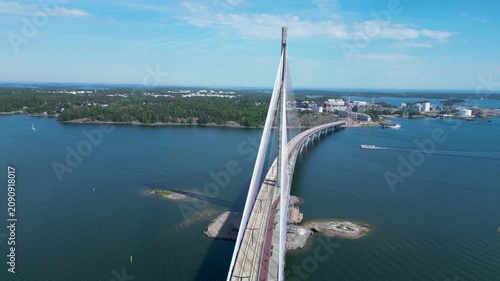 Cinematic aerial drone footage of Kruunuvuorensilta, Helsinki, Finland, showcasing the impressive new bridge surrounded by the beautiful coastal landscape and city views
