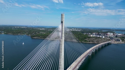 Cinematic aerial drone footage of Kruunuvuorensilta, Helsinki, Finland, showcasing the bridge and the beautiful Helsinki landscape from above.