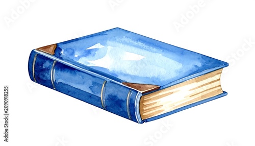 A watercolor illustration of a closed book with a blue cover, gold accents, and a beige, textured spine. It rests on a white backdrop