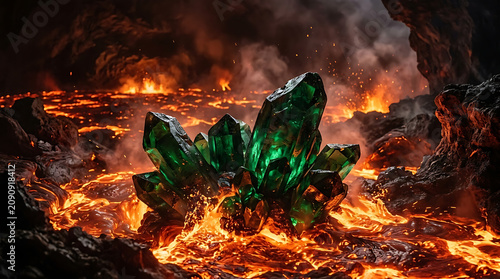 Glowing Green Crystal Cluster Nestled Within A Fiery Volcanic Lava Cavern Scene