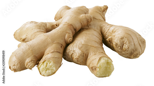 Canvas Print Raw ginger root with textured brown skin, isolated on transparent background
