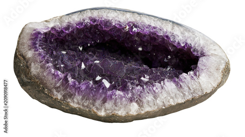 Obraz na plátně Raw amethyst geode with sparkling purple crystals, isolated on transparent backg