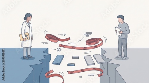 Broken bridge doctor patient access gap healthcare infographic concept