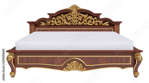Tableau sur toile Ornate dark wood bed frame with gold accents and white mattress, isolated on tra