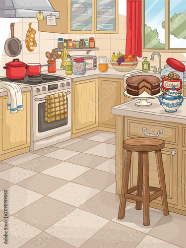 Cartoon kitchen scene featuring a wooden stool in the foreground. Countertop with freshly baked chocolate cake, a jar of cookies, a fruit bowl, and kitchenware.