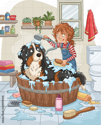 Cartoon young girl with curly hair and denim overalls is giving a bath to a large Bernese Mountain Dog inside a wooden tub, creating a soapy mess on the bathroom floor.