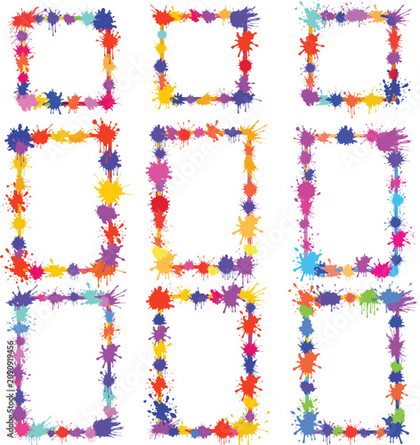 Vibrant paint splatters forming playful rectangular frames, creating design elements useful for parties, celebrations, art, creativity, and children s projects