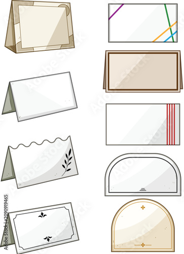 Collection of blank table place cards and name tags featuring diverse designs, ready for personalizing seating arrangements and guest names at special events or celebrations