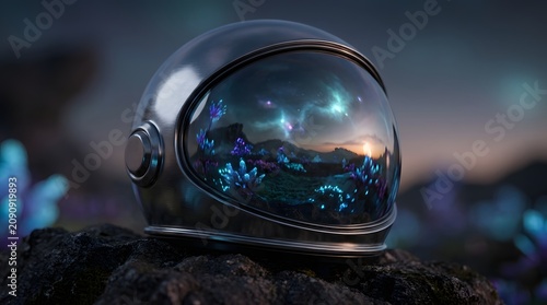 Astronaut helmet resting on dark rocks reflecting a vibrant glowing alien landscape for sci fi concepts and deep space exploration narratives