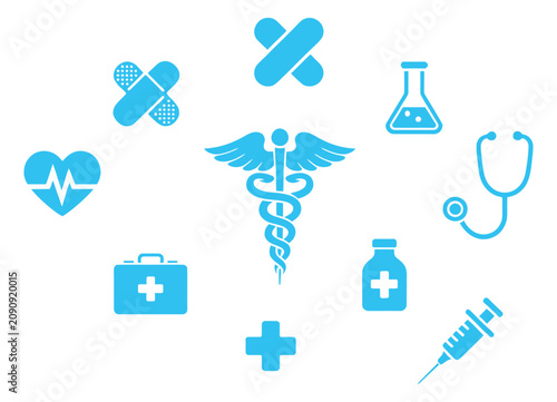 Obraz na plátně illustration of a single snake caduceus surrounded by medical icons on a blue gr