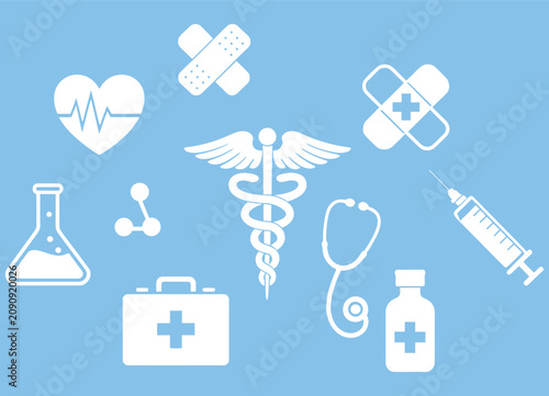 illustration of a single snake caduceus surrounded by medical icons on a blue gradient background, modern healthcare concept, professional hospital branding, pharmacy symbol, clinical technology, clea