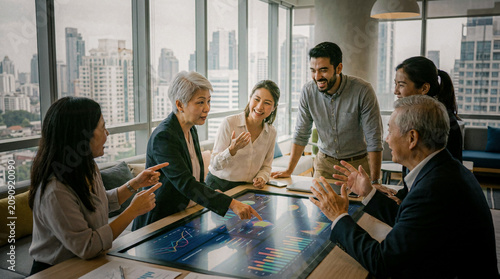 A diverse group of business professionals collaborate around a large interactive touchscreen table, discussing strategy with enthusiasm and engaged expressions.
