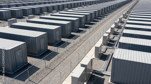 Battery storage containers aligned in renewable energy yard for utility upgrade