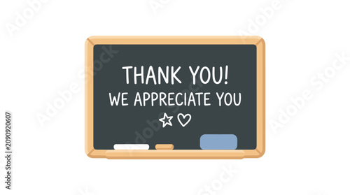 Blackboard illustration with Thank You We Appreciate You text and doodle icons.