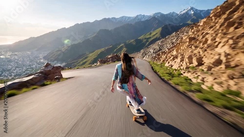 Woman longboard downhill on scenic mountain road overlooking city and sea