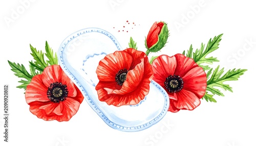 A watercolor illustration of a feminine hygiene pad adorned with vibrant red poppies and green foliage