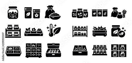 Medicinal herb storage and organization design icons with shelf arrangement freshness control and herb keeping for mobile design in filled glyph style