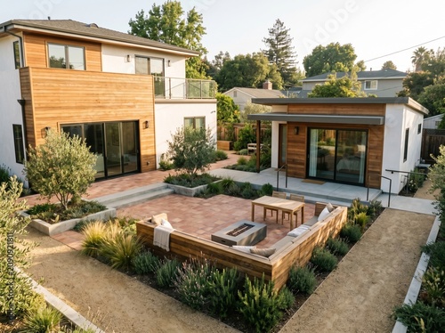 Obraz w ramie Shared backyard courtyard between main house and accessory dwelling unit