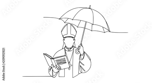 Fotografía Pope with Umbrella Reading Book, Continuous Line Art