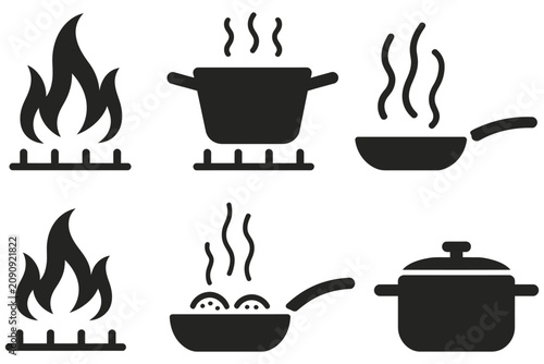 фотографія six black icons of cooking pots and pans on gas stoves with rising steam, modern kitchen symbol collection, food preparation graphics, culinary equipment set, clean vector icons for cooking designs