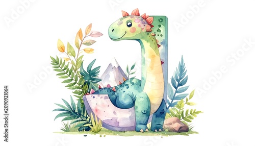 A watercolor illustration of a friendly dinosaur in an 