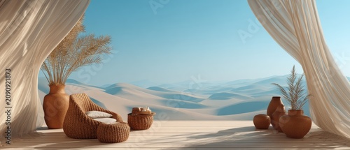 Desert Oasis with Earthenware Pots and Flowing Drapes Under a Clear Blue Sky.