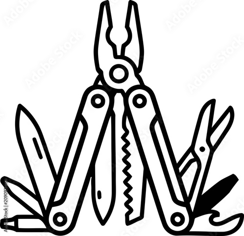Multi-tool icon, vector illustration of a versatile pocket knife with pliers, scissors, and blades.