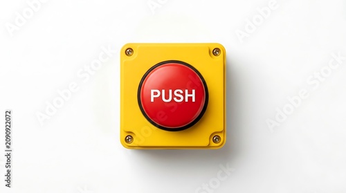 Red push button on a yellow square base for emergency stop or alarm activation