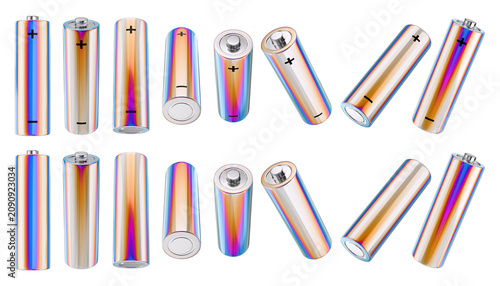 Foto 3D Rendered Collection of Blank Iridescent Holographic AA Batteries in Multiple Angles