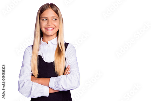 Foto Portrait of nice-looking attractive pretty cheerful brainy diligent long-haired