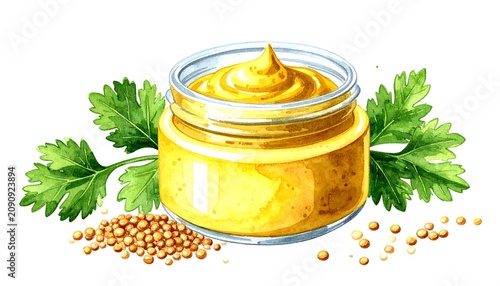 A watercolor illustration of a jar filled with yellow sauce, surrounded by green leaves and seeds