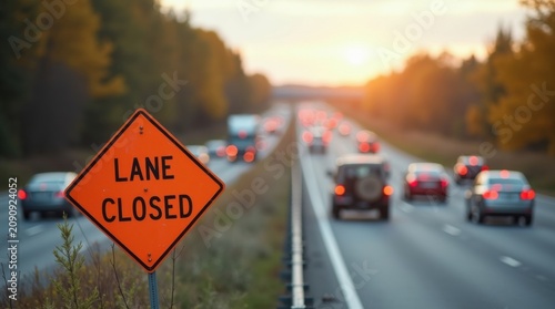 Señal de cierre temporal de carril junto a obras de mantenimiento de la autopista