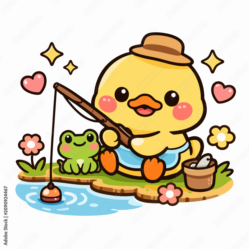 Obraz premium Cute Kawaii Duck Fishing with Frog Vector Illustration