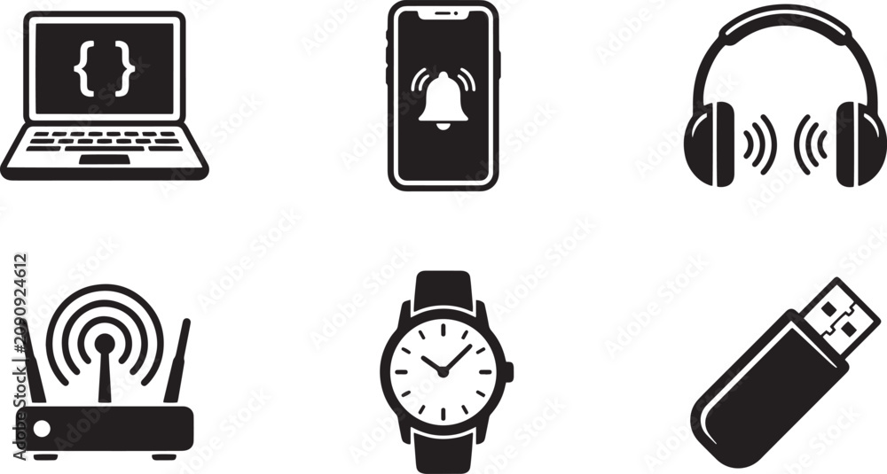Fototapeta premium Technology icons, device symbols, computer, phone, headset, router, watch, usb drive isolated on Transparent Background