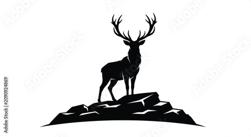 Bild auf Leinwand Majestic stag silhouette standing on rocky outcrop against a bright white backgr