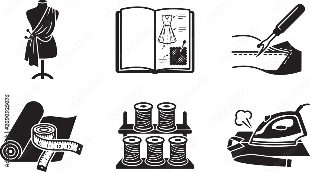 Fototapeta premium Sewing, fashion design icons, dressmaking tools, tailoring symbols isolated on Transparent Background