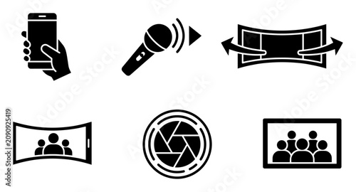 Set of technology icons for mobile communication, video production, and panoramic media