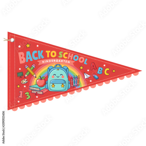 Red pennant banner displays a kindergarten theme with a happy backpack, rainbow, and alphabet letters for educational displays.