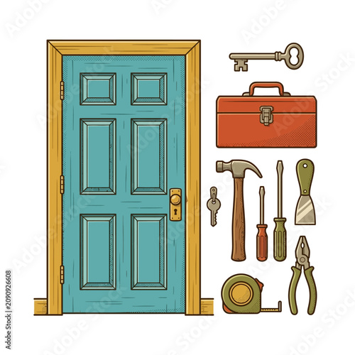 Tools and door with key and box.