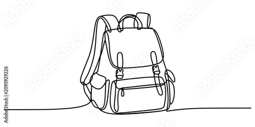 Continuous single line drawing of a school backpack for travel and hiking