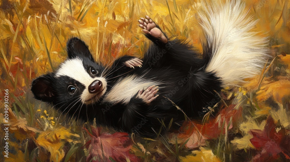 Obraz premium Playful skunks in autumn leaves, joyful animal in nature background