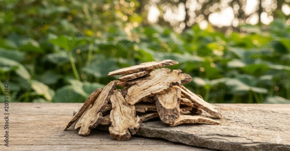 Fototapeta premium Stack of Dried Herbal Roots on Wooden Surface with Soft Natural Light